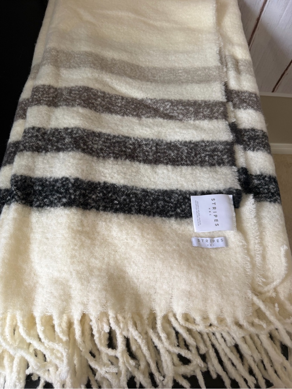 STRIPES HBC Striped Wool-Blend Throw Blanket Cream Gray 60x60